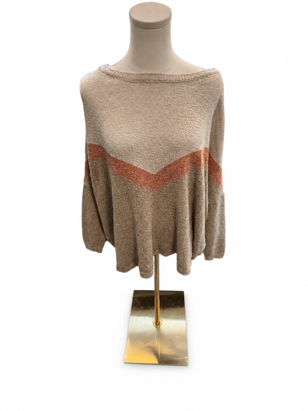 Easel Medium Oversized Colorblock Poncho Sweater Beige Rust Boho Relaxed Fit